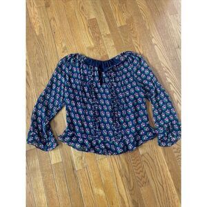 Diane von Furstenberg SILK Floral Simonia‎ Blouse Sheer Ruffle Tie Navy/pink